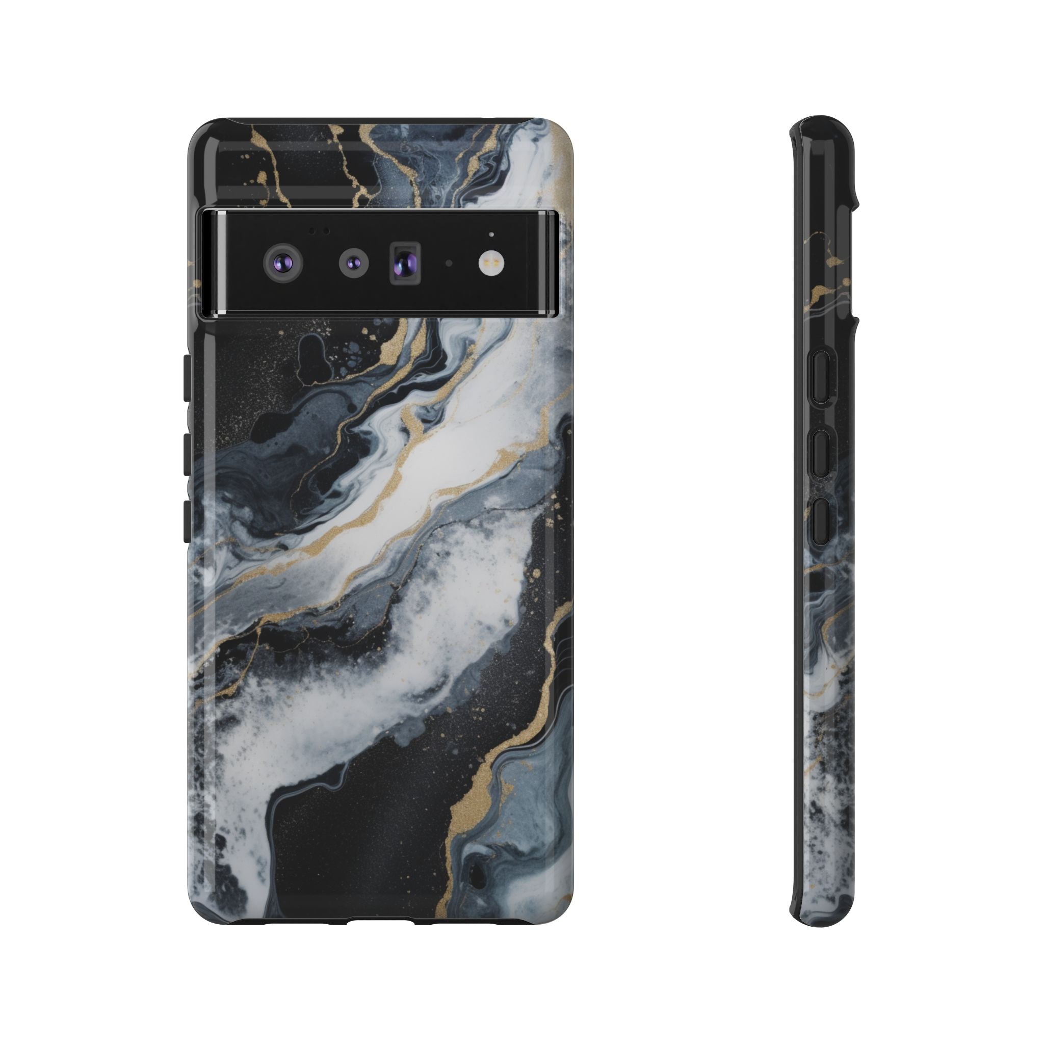 Celestial Marble Phone Case - Black & Gold Swirl Design Google Pixel 6 Pro Glossy