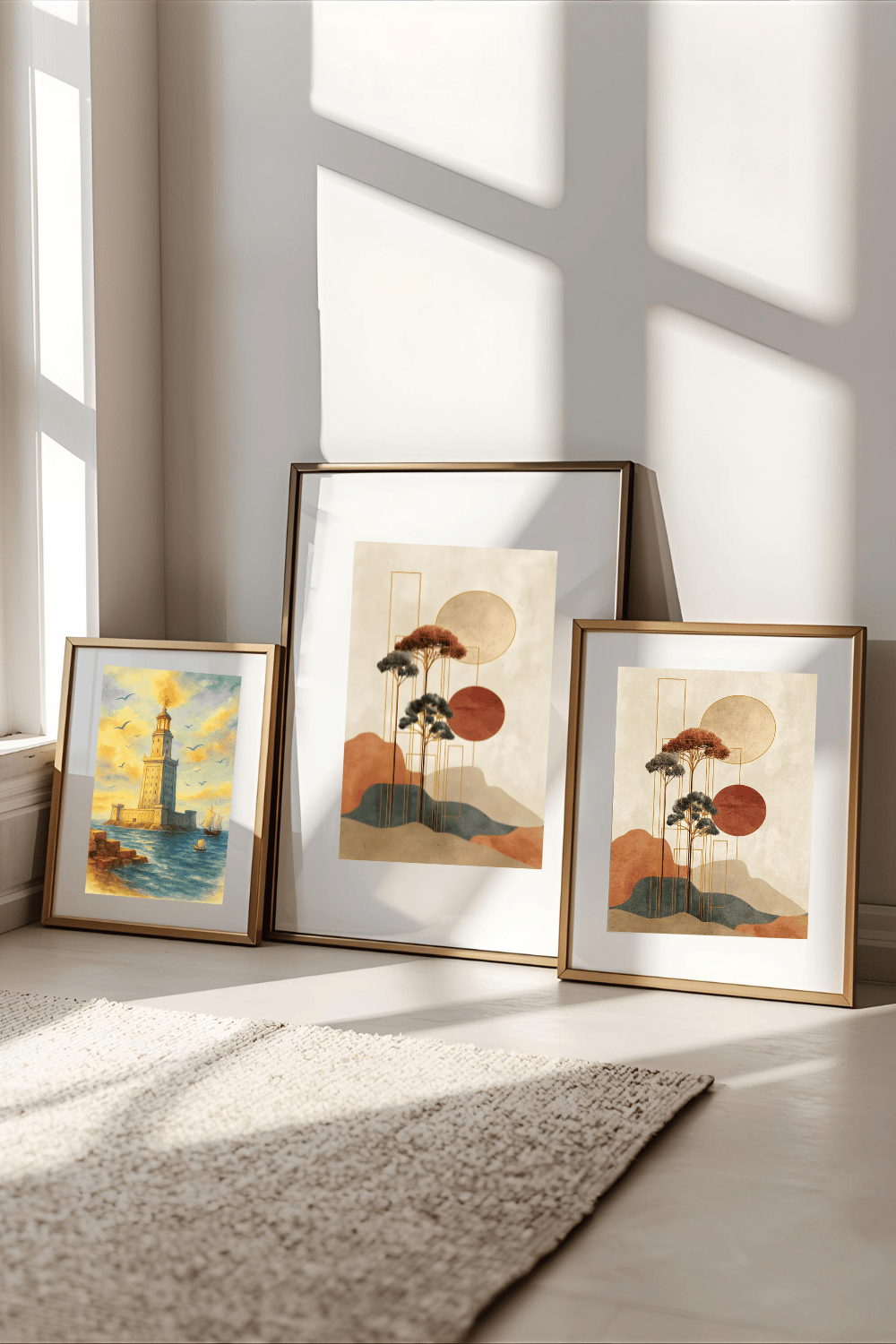 Minimalist Japanese Wall Art - Tranquil Abstract Landscape with Gold Accents
