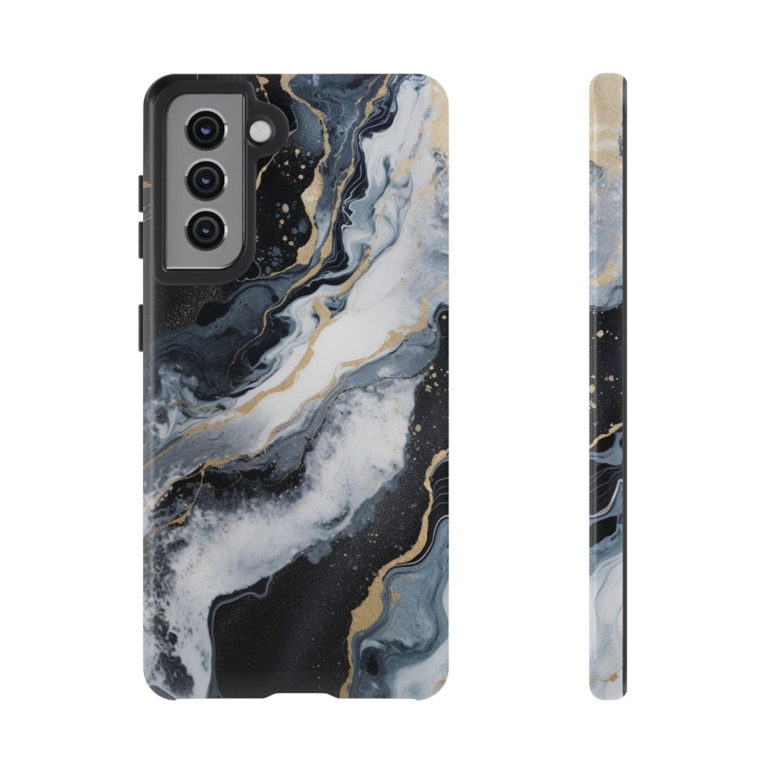 Celestial Marble Phone Case - Black & Gold Swirl Design Samsung Galaxy S21 Glossy