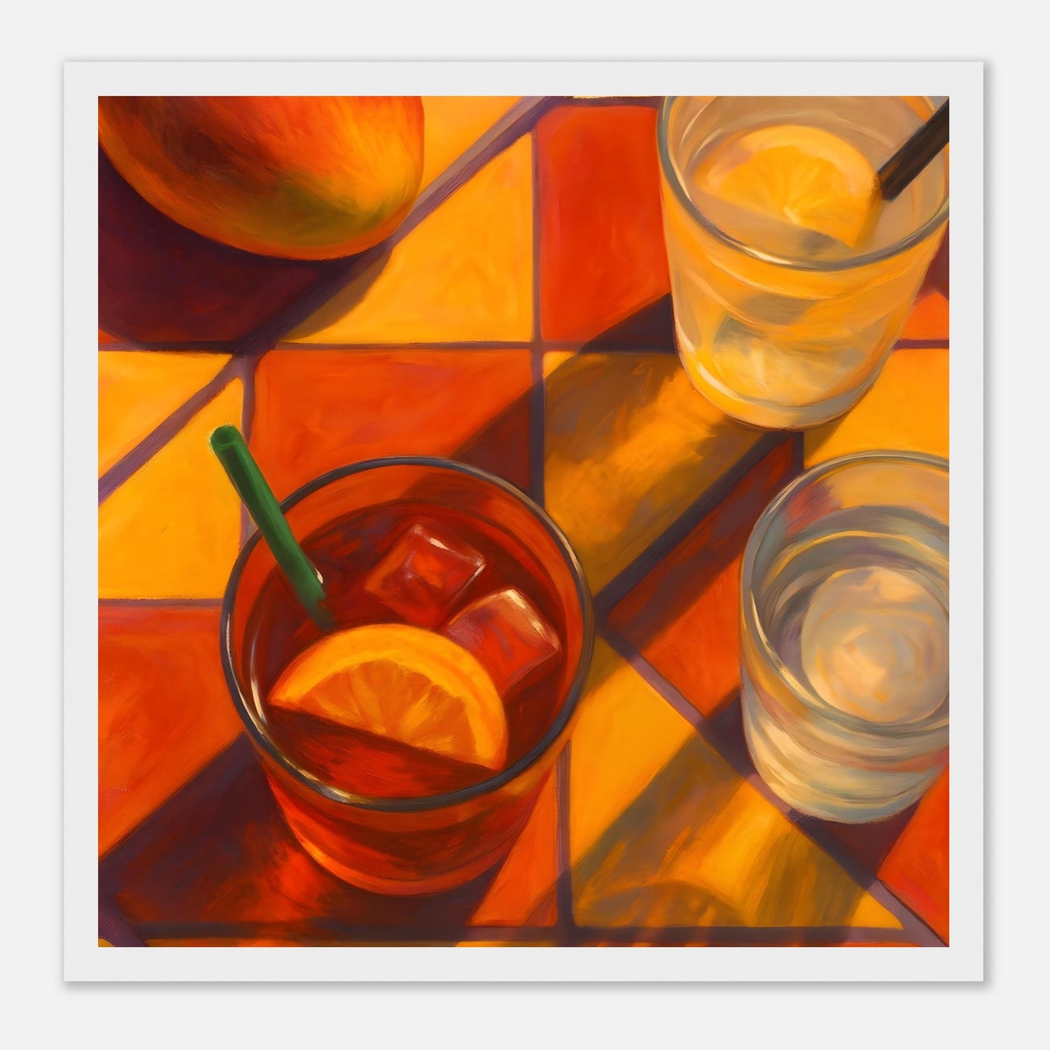 Vibrant Mango & Citrus Still Life Poster - Warm Tile Aesthetic Wall Art - Wooden Framed Poster 30x30 cm 12x12″ White frame