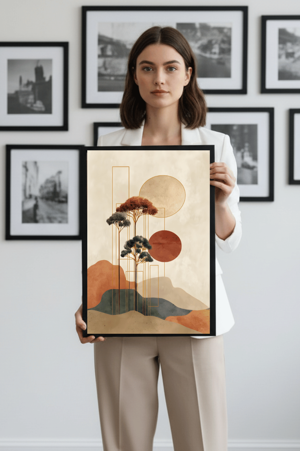 Minimalist Japanese Wall Art - Tranquil Abstract Landscape with Gold Accents