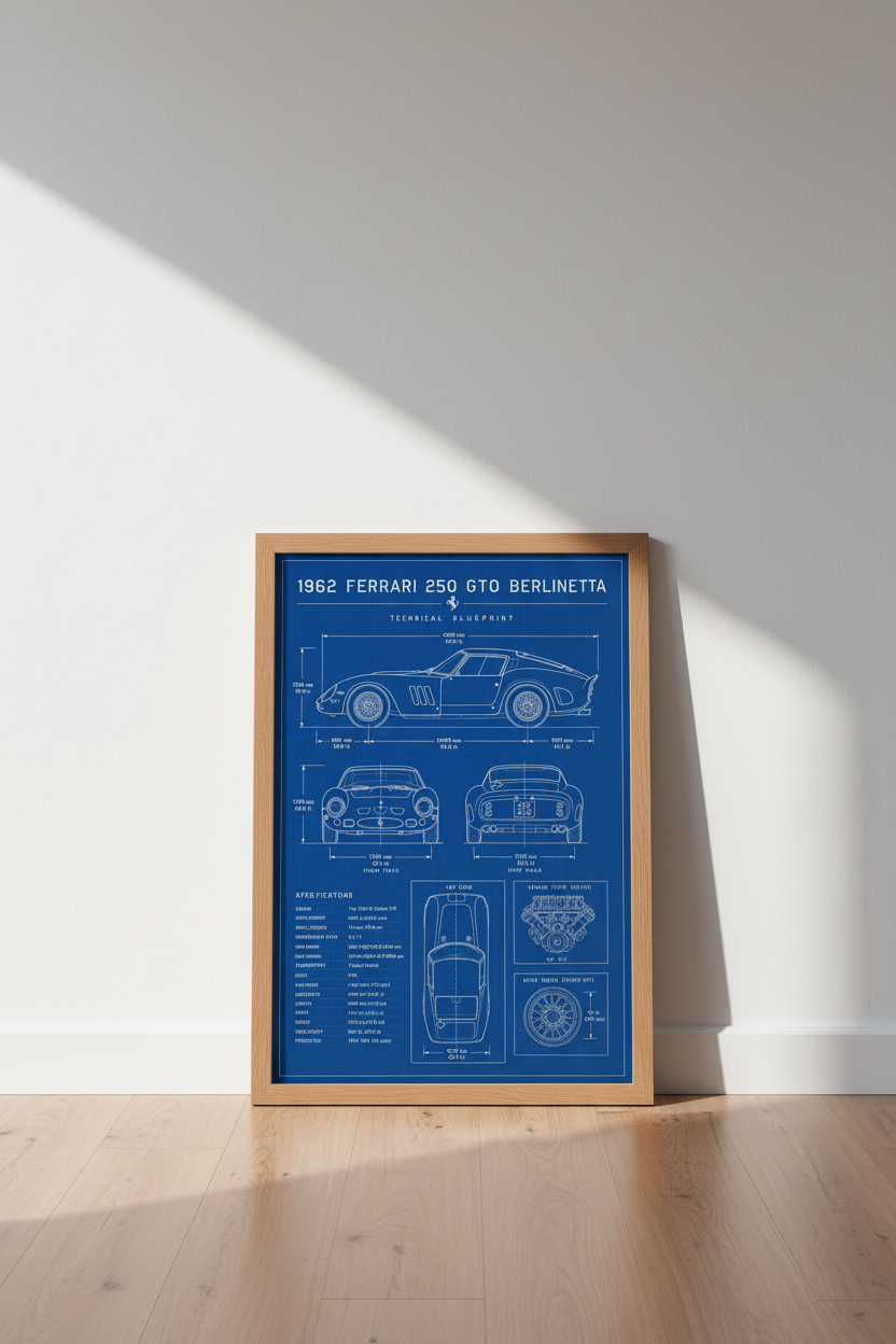 Ferrari 250 GTO Blueprint Wall Art | Garage Decor | Classic Car Poster
