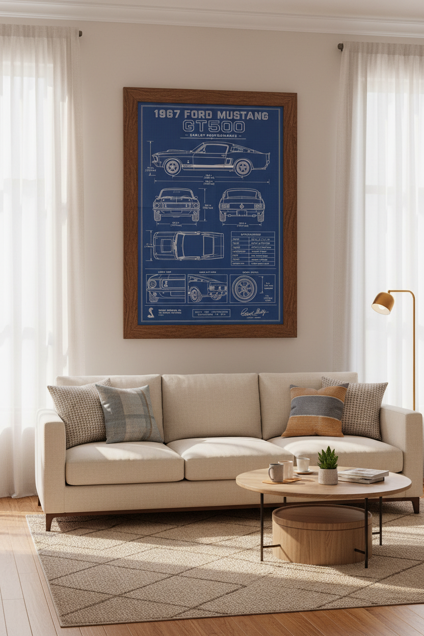1967 Ford Mustang GT500 Blueprint Art | Shelby Muscle Car Poster | Garage Decor