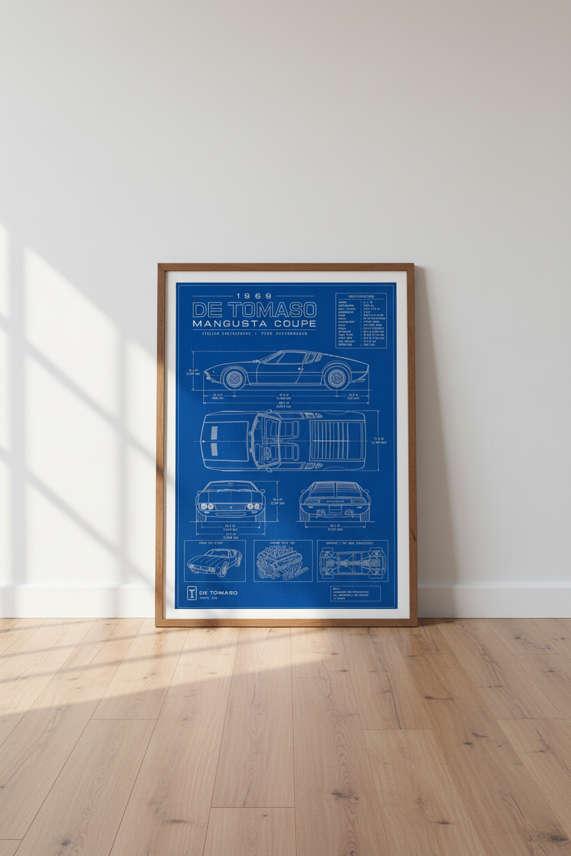 De Tomaso Mangusta Blueprint Wall Art | Automotive Poster | Office Man Cave Decor