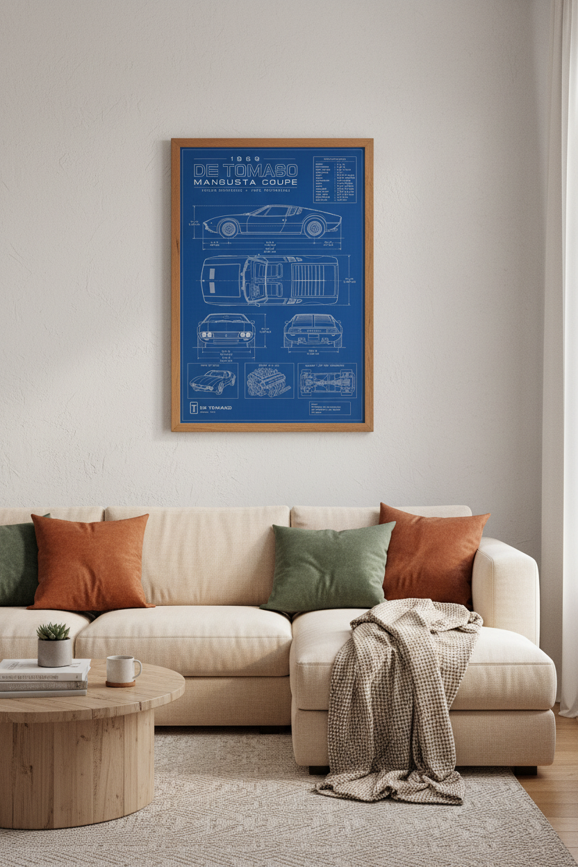 De Tomaso Mangusta Blueprint Wall Art | Automotive Poster | Office Man Cave Decor