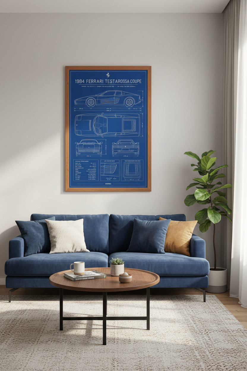 Ferrari Testarossa Blueprint Wall Art | Retro Garage Decor | Automotive Poster