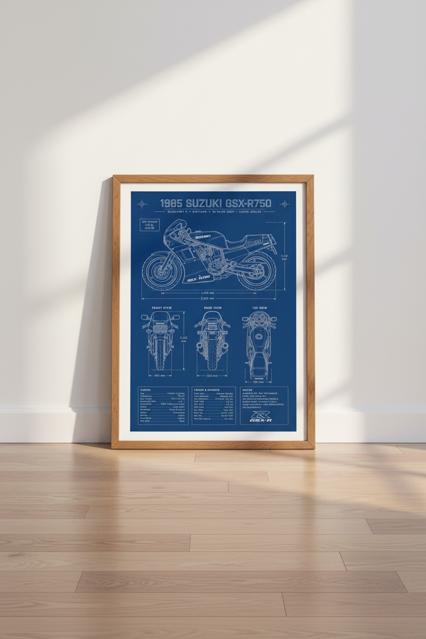 Suzuki GSX-R750 Blueprint Wall Art | Sportbike Technical Poster, Garage Decor