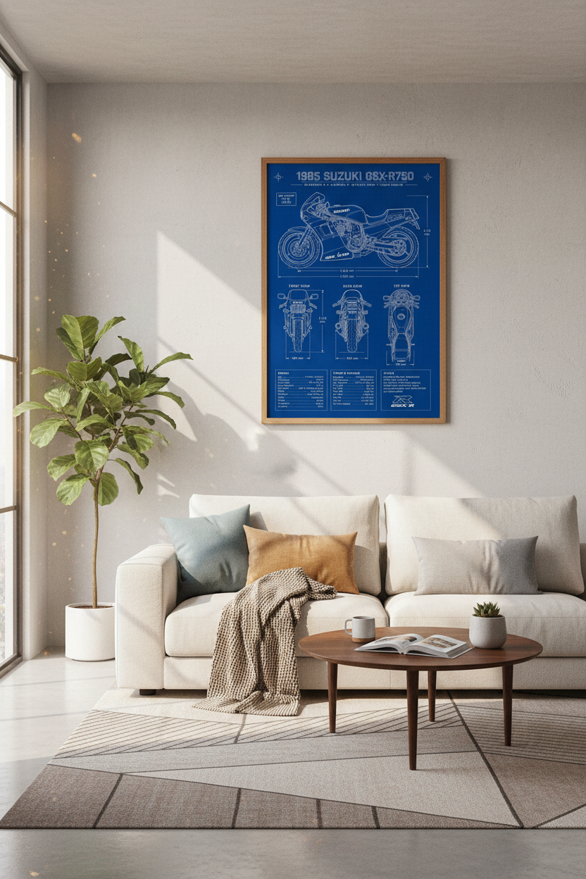 Suzuki GSX-R750 Blueprint Wall Art | Sportbike Technical Poster, Garage Decor
