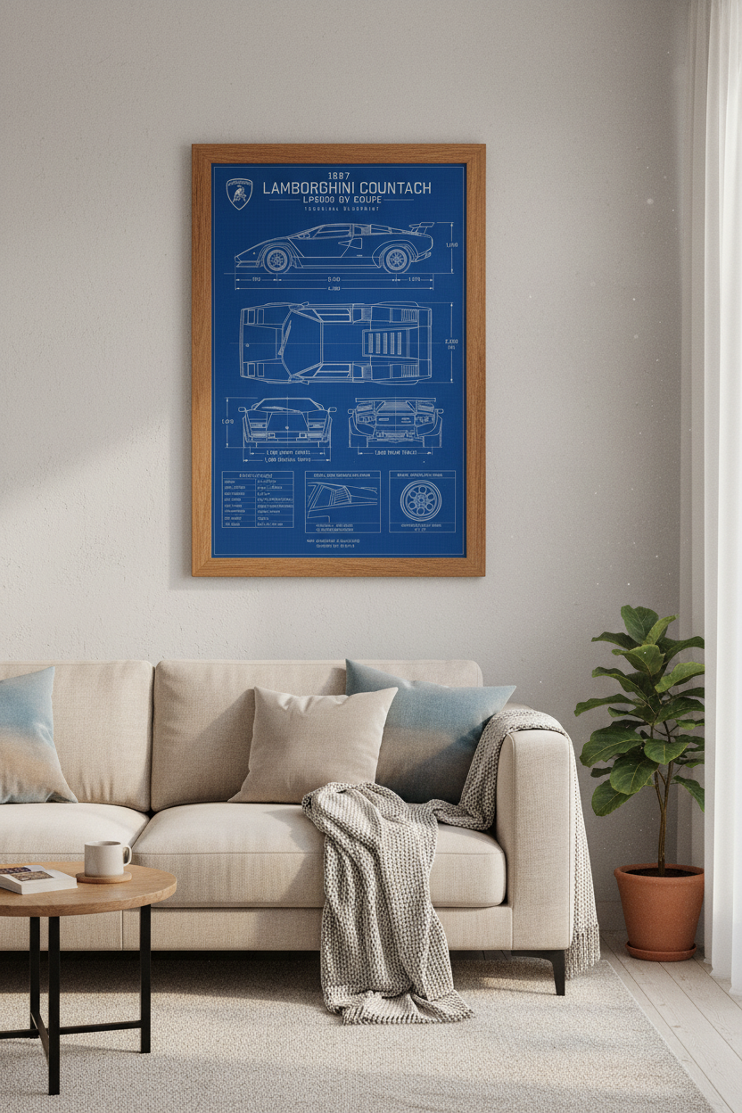 Lamborghini Countach Blueprint Wall Art | Blue Supercar Poster, Office Decor