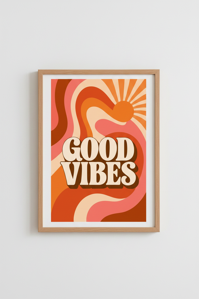 Good Vibes Retro Wall Art | Groovy 70s Sunset Poster, Boho Living Room Decor