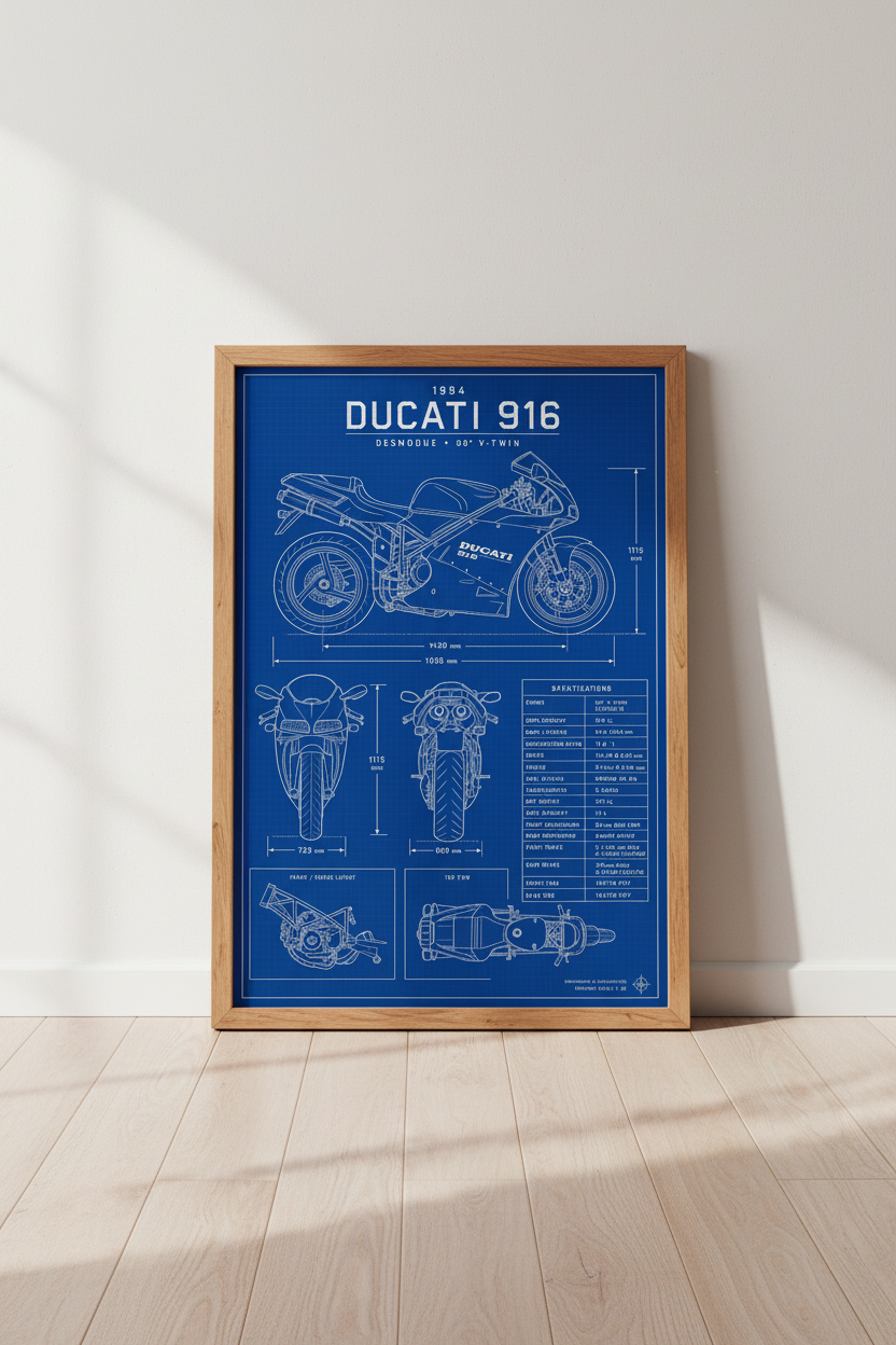 Ducati 916 Blueprint Motorcycle Wall Art | Garage Decor | Industrial Poster