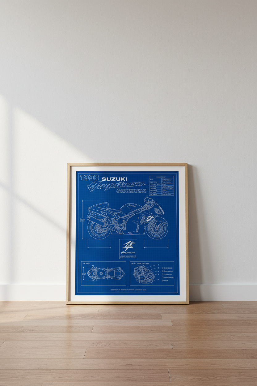 Suzuki Hayabusa Blueprint Wall Art | Sportbike Poster, Man Cave Garage Decor