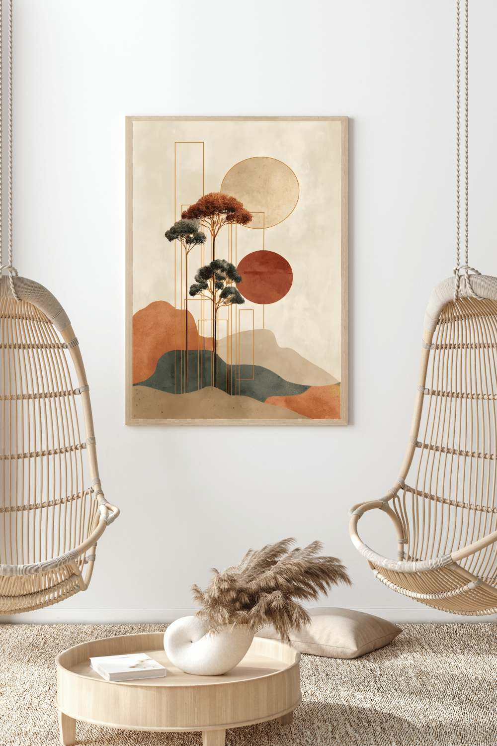 Minimalist Japanese Wall Art - Tranquil Abstract Landscape with Gold Accents