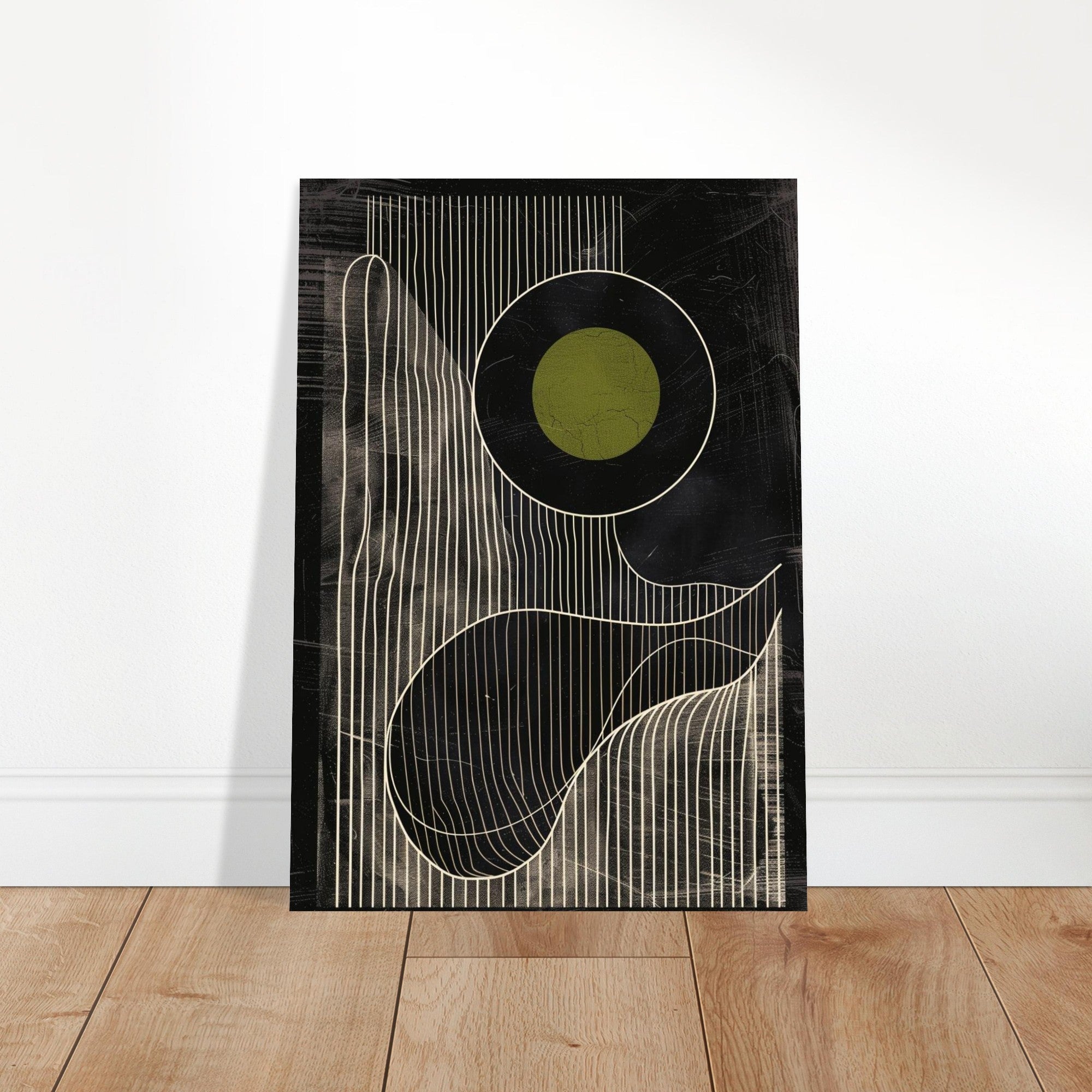 Olive Eclipse: Linear Noir Abstraction - Modern Minimalist Wall Art Print A3 (29.7 x 42 cm)