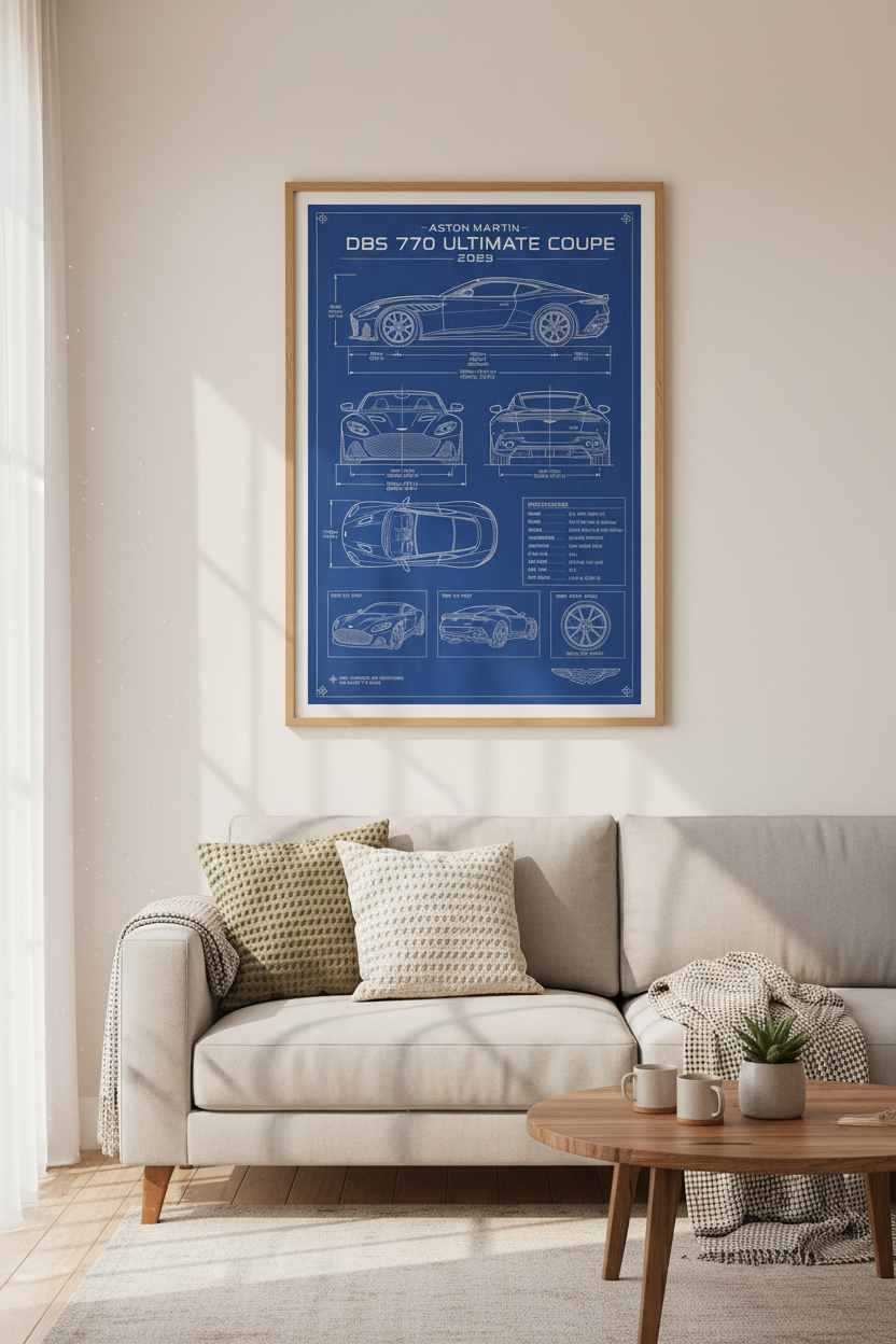 Aston Martin DBS 770 Car Blueprint Art | Modern Office Decor | Luxury Automotive Poster