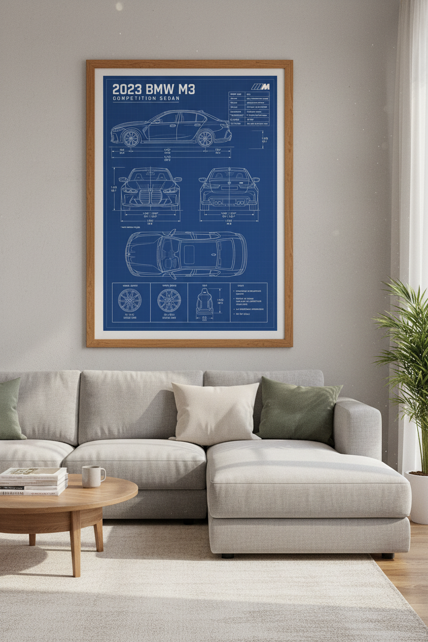 BMW M3 Blueprint Wall Art | Automotive Technical Poster, Garage & Office Decor
