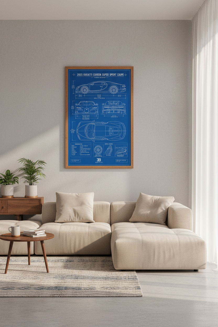 Bugatti Chiron Blueprint Wall Art | Office Decor | Technical Automotive Poster