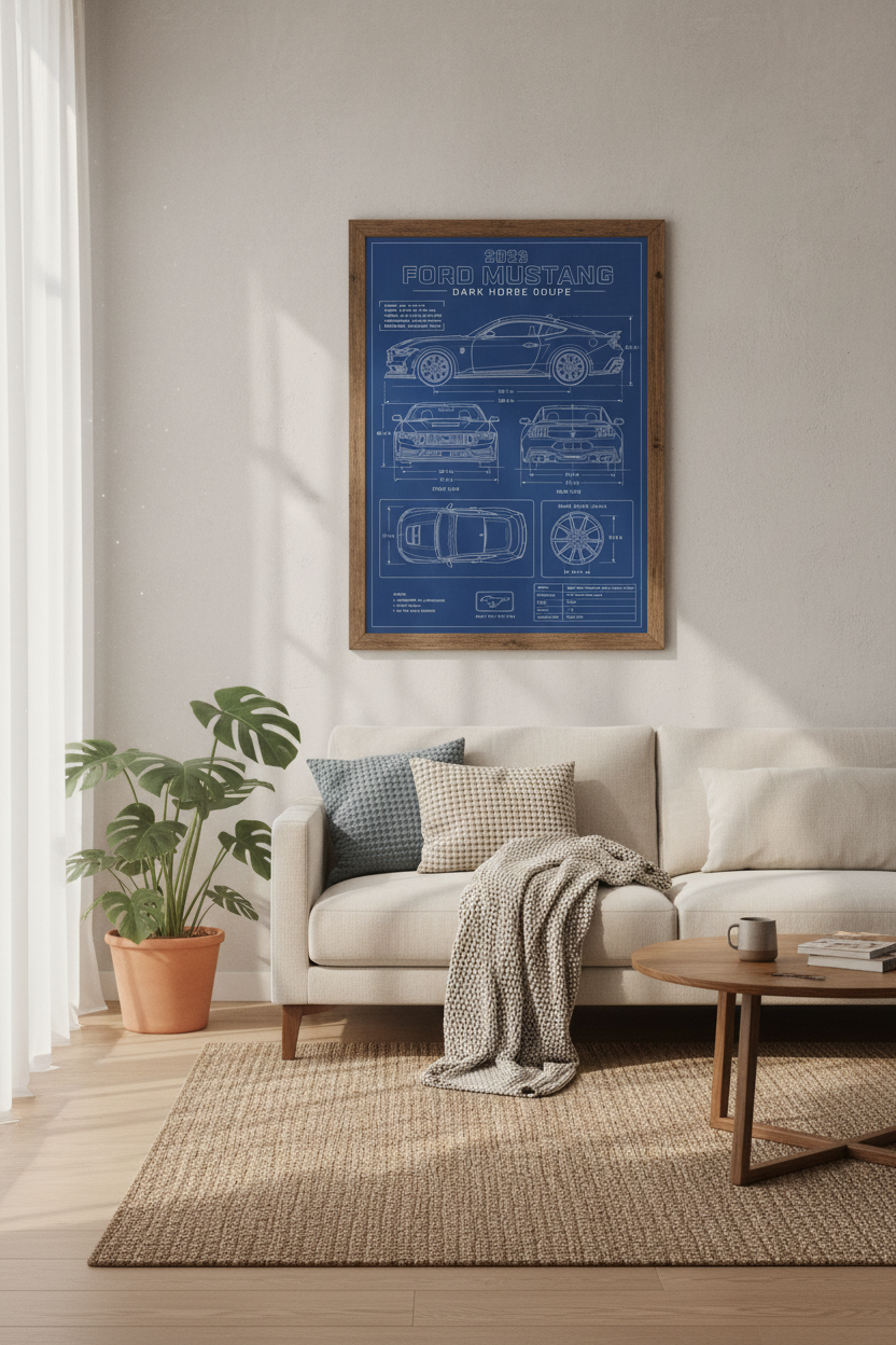 Ford Mustang Dark Horse Blueprint Wall Art | Man Cave Decor | Automotive Poster