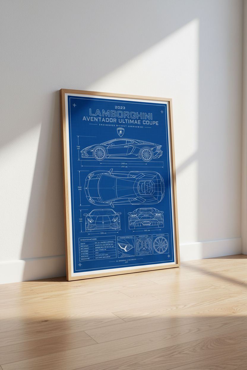 Lamborghini Aventador Blueprint Wall Art | Garage Decor | Blue Supercar Poster