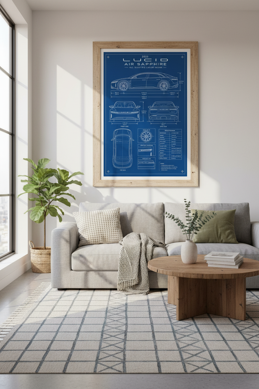 Lucid Air Sapphire Blueprint Wall Art Print | Office Garage Decor | Modern EV Poster