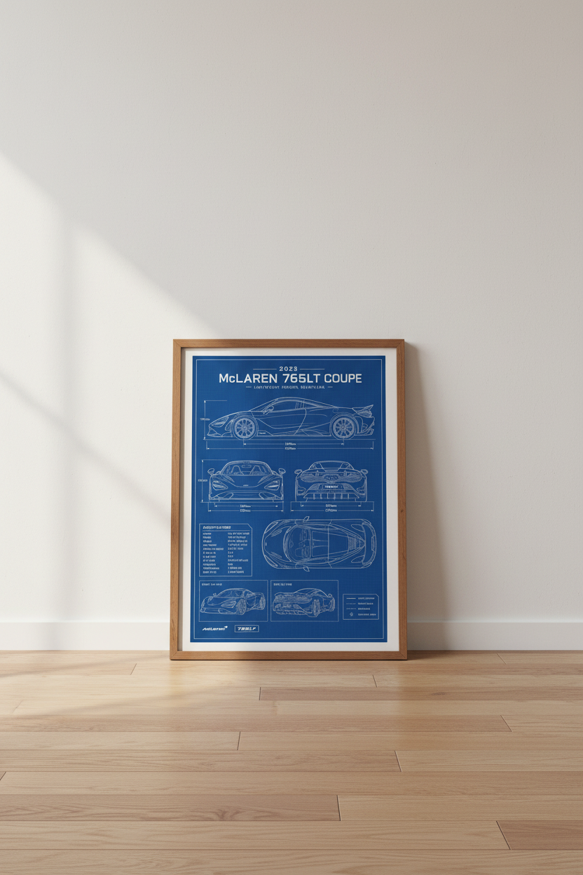 McLaren 765LT Blueprint | Technical Supercar Art, Modern Man Cave Decor
