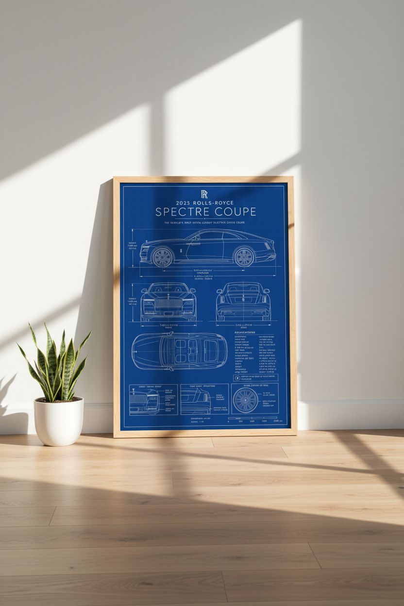 Rolls-Royce Spectre Blueprint | Luxury Car Technical Poster, Man Cave Wall Art