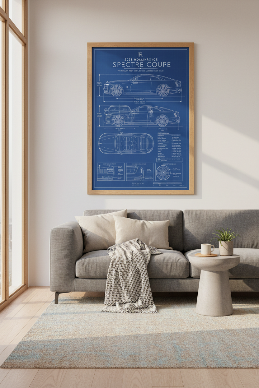 Rolls-Royce Spectre Blueprint | Luxury Car Technical Poster, Man Cave Wall Art