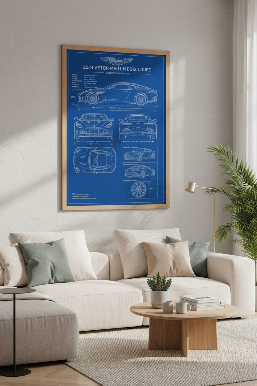 Aston Martin DB12 Blueprint Wall Art | Blue Car Poster, Office Decor