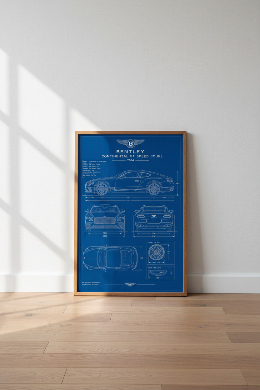 Bentley Continental GT Blueprint Wall Art | Office Decor | Luxury Car Poster Print