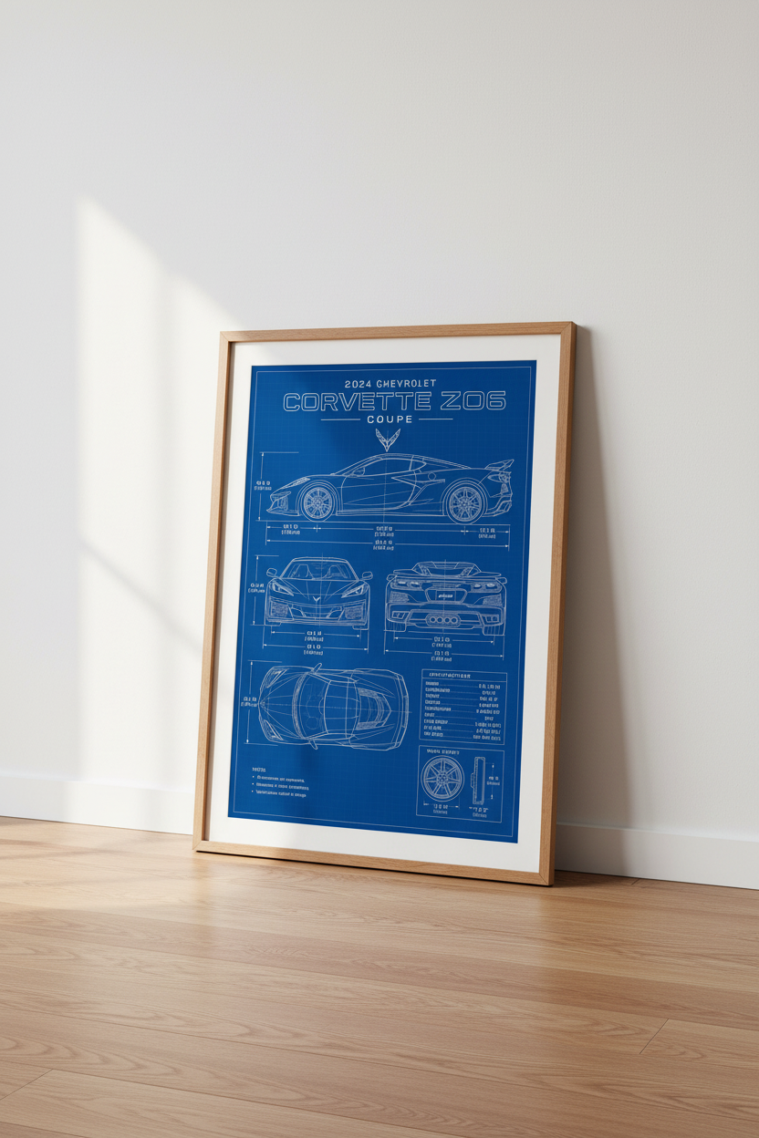 Corvette Z06 Blueprint Wall Art | Garage Decor | Automotive Technical Poster