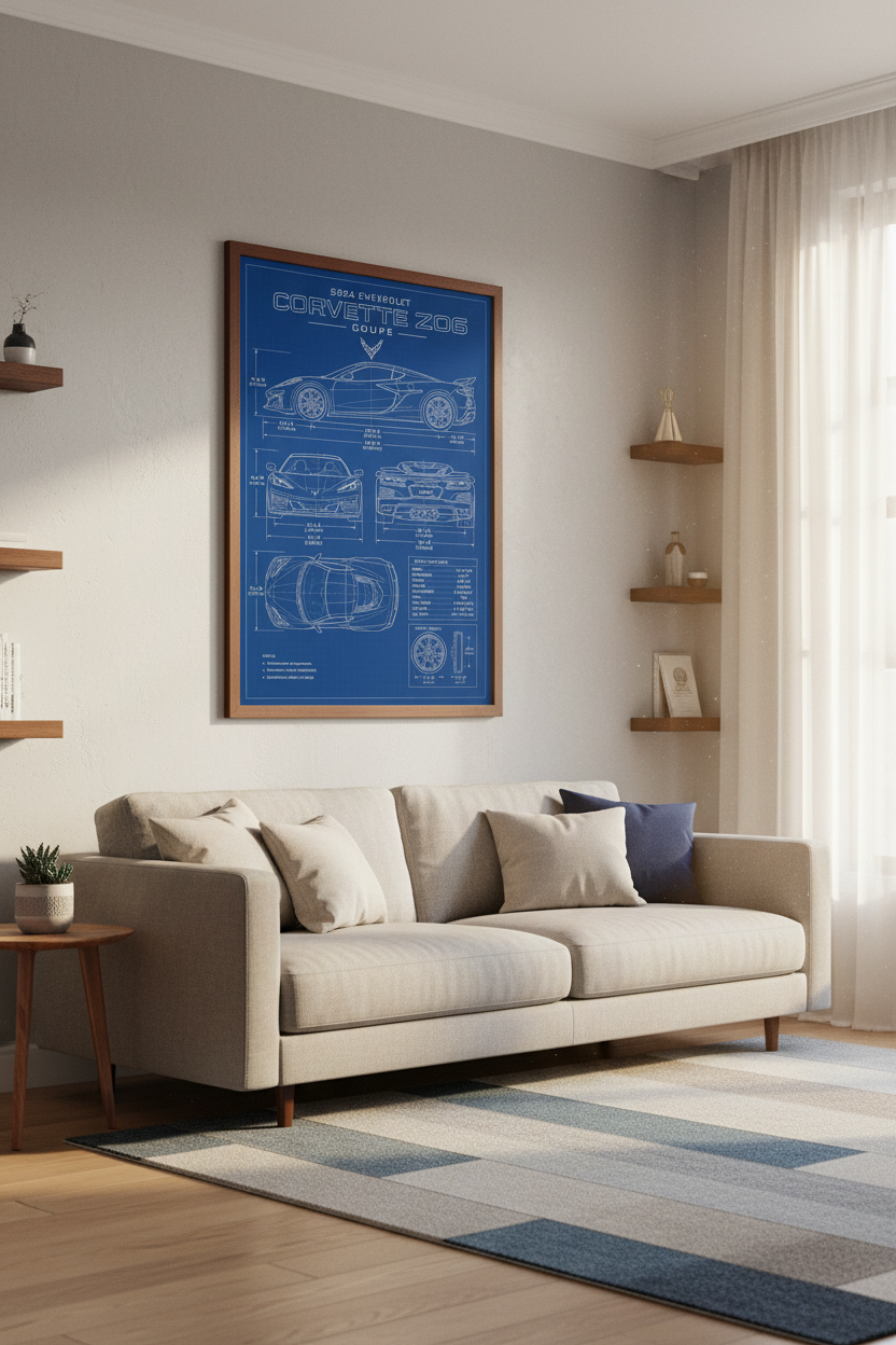 Corvette Z06 Blueprint Wall Art | Garage Decor | Automotive Technical Poster