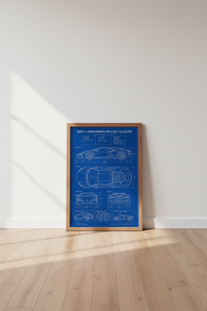 Lamborghini Revuelto Blueprint Wall Art | Office Decor | Modern Car Poster