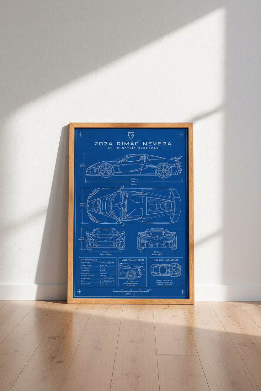 Rimac Nevera Blueprint Wall Art | Electric Hypercar Poster, Office Decor