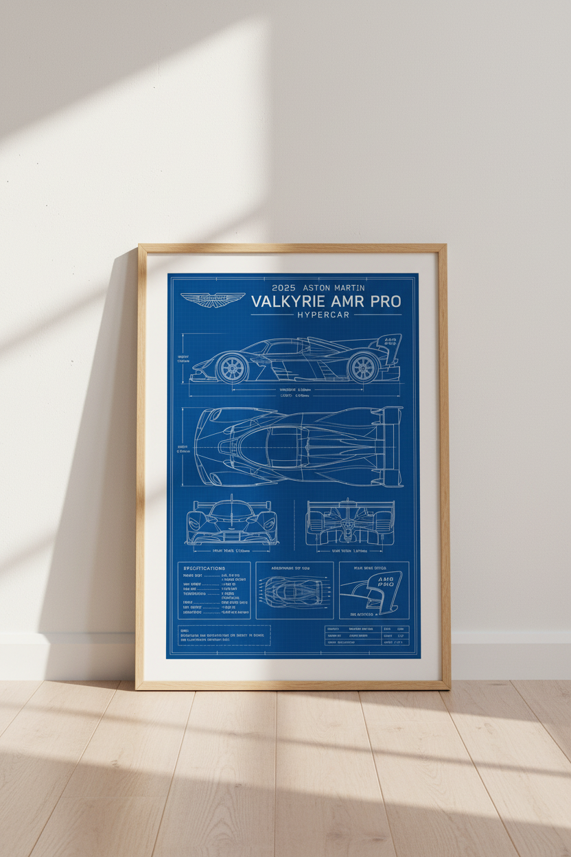 Aston Martin Valkyrie AMR Pro Blueprint | Blue Hypercar Art, Office Garage Decor