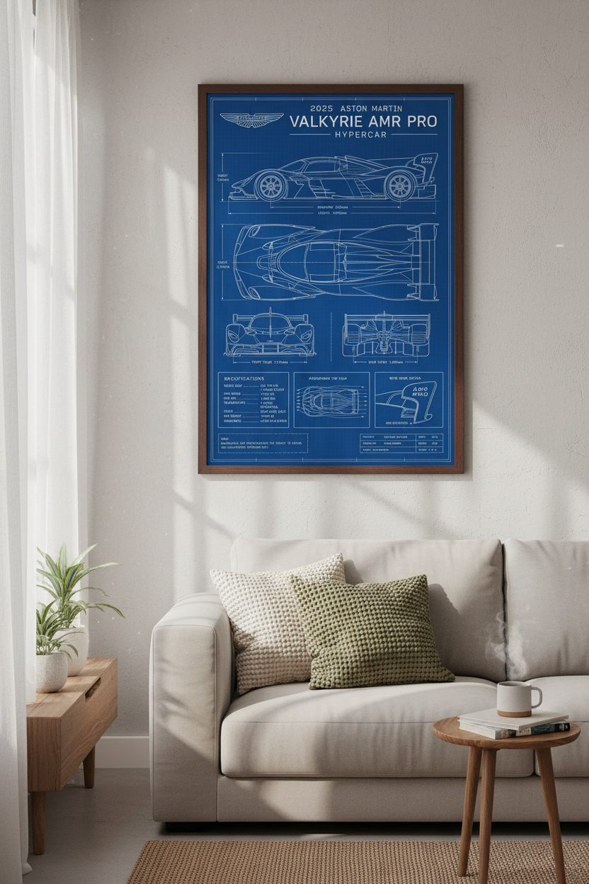 Aston Martin Valkyrie AMR Pro Blueprint | Blue Hypercar Art, Office Garage Decor