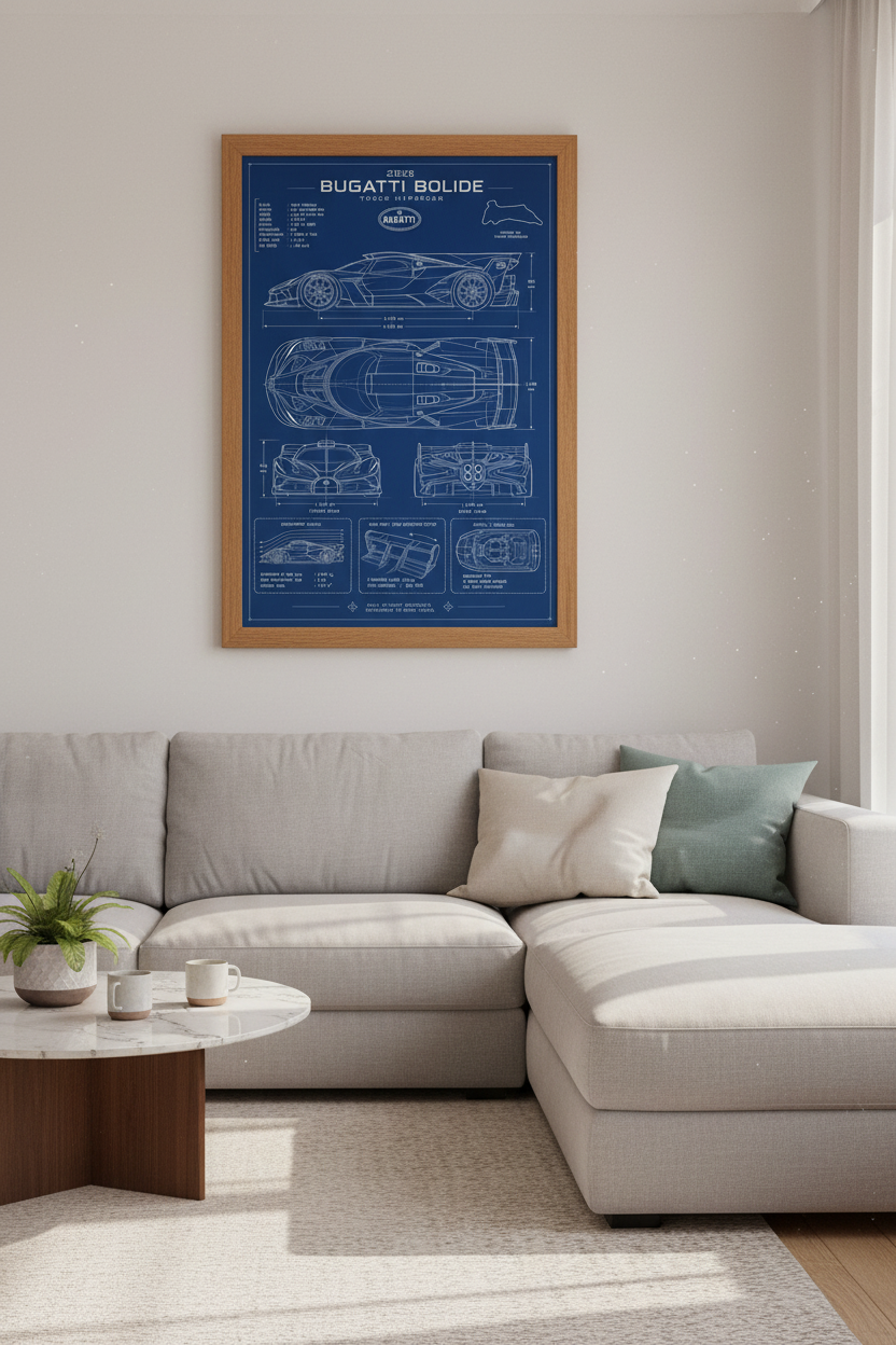 Bugatti Bolide Blueprint Wall Art | Blue Technical Poster, Man Cave Decor