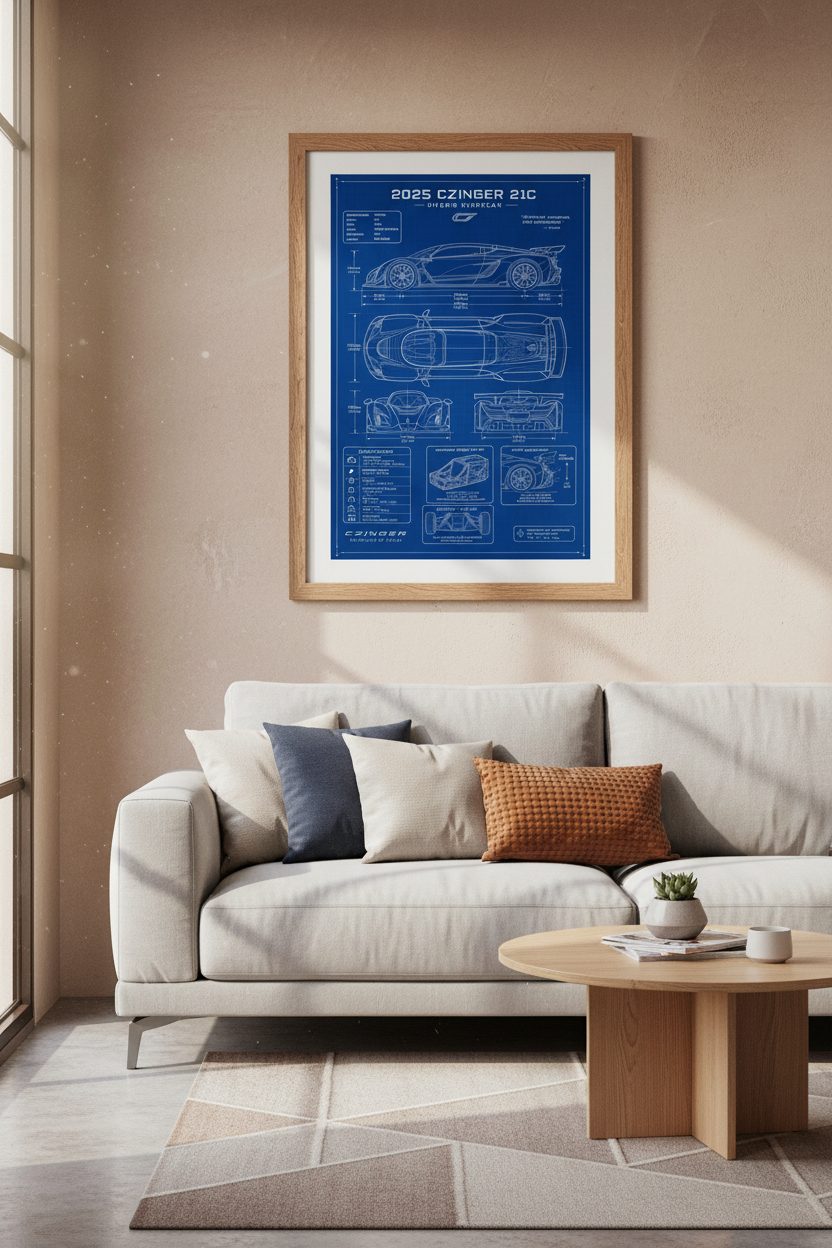 Czinger 21C Hypercar Blueprint Art | Garage & Office Decor | Blue Technical Poster