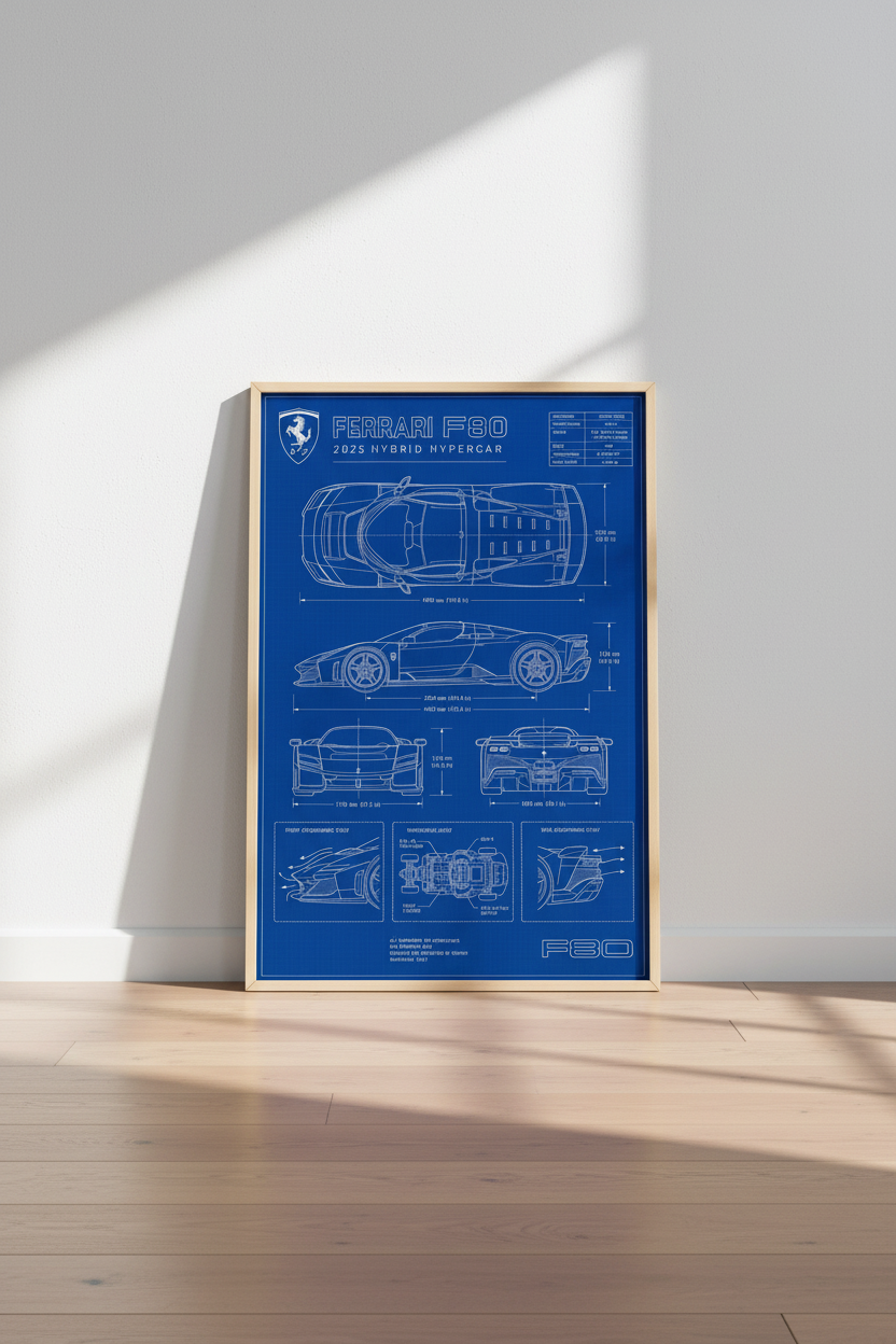 Ferrari F80 Blueprint Wall Art | Blue Technical Poster, Garage & Man Cave Decor