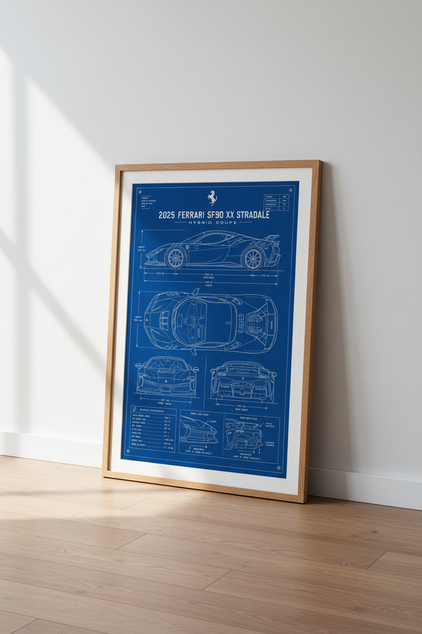Ferrari SF90 XX Stradale Blueprint Art | Supercar Poster, Modern Garage Decor