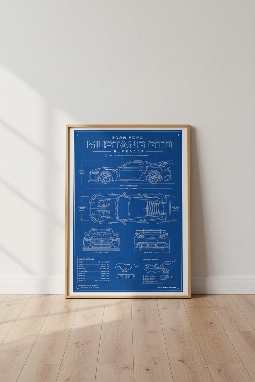 Ford Mustang GTD Blueprint Wall Art | Garage Decor | Technical Supercar Poster