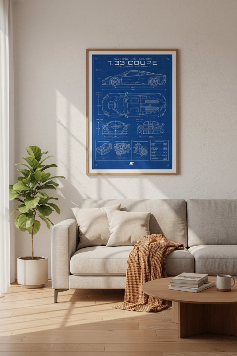 Gordon Murray T.33 Coupe Blueprint | Supercar Technical Poster, Office Decor