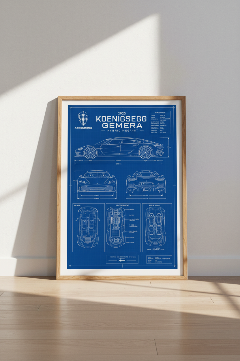 Koenigsegg Gemera Blueprint Wall Art | Office Decor | Hypercar Poster