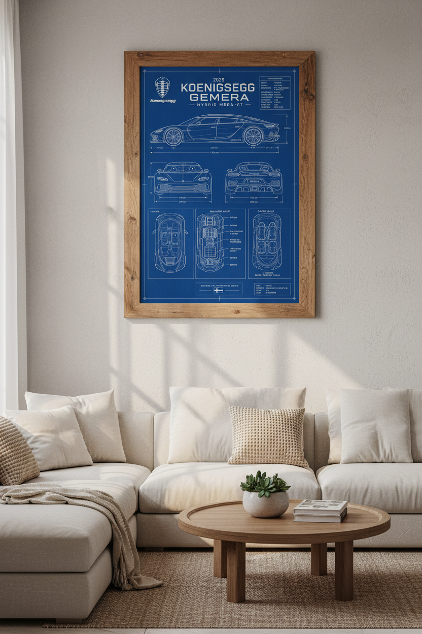 Koenigsegg Gemera Blueprint Wall Art | Office Decor | Hypercar Poster
