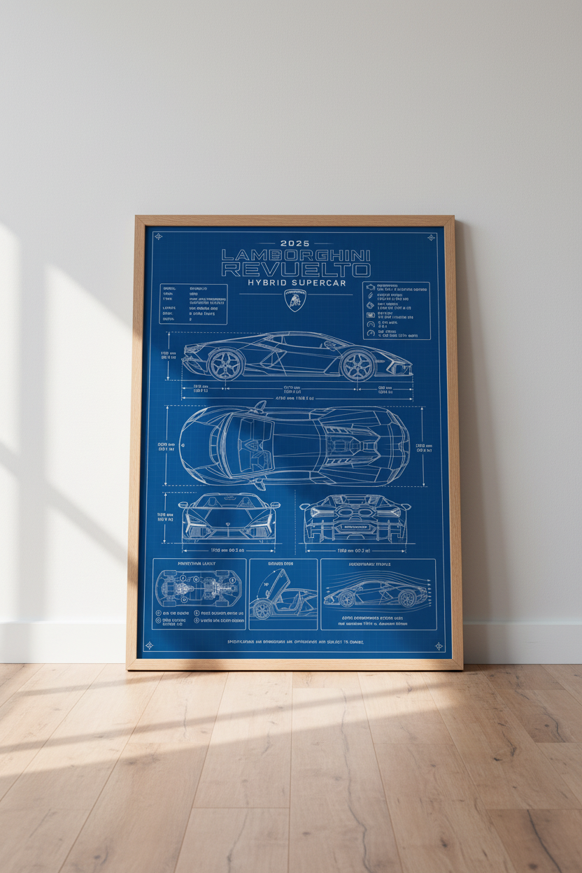 Lamborghini Revuelto Blueprint Wall Art | Sportscar Schematic, Office Decor Poster