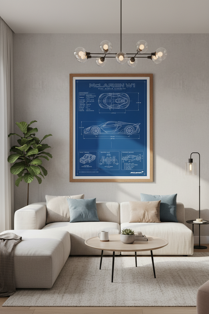 McLaren W1 Blueprint Wall Art Print | Garage Office Decor | Technical Hypercar Poster