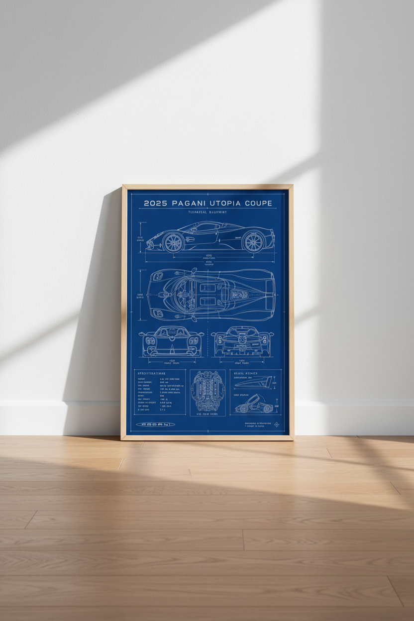 Pagani Utopia Blueprint Wall Art | Supercar Technical Poster, Office Decor