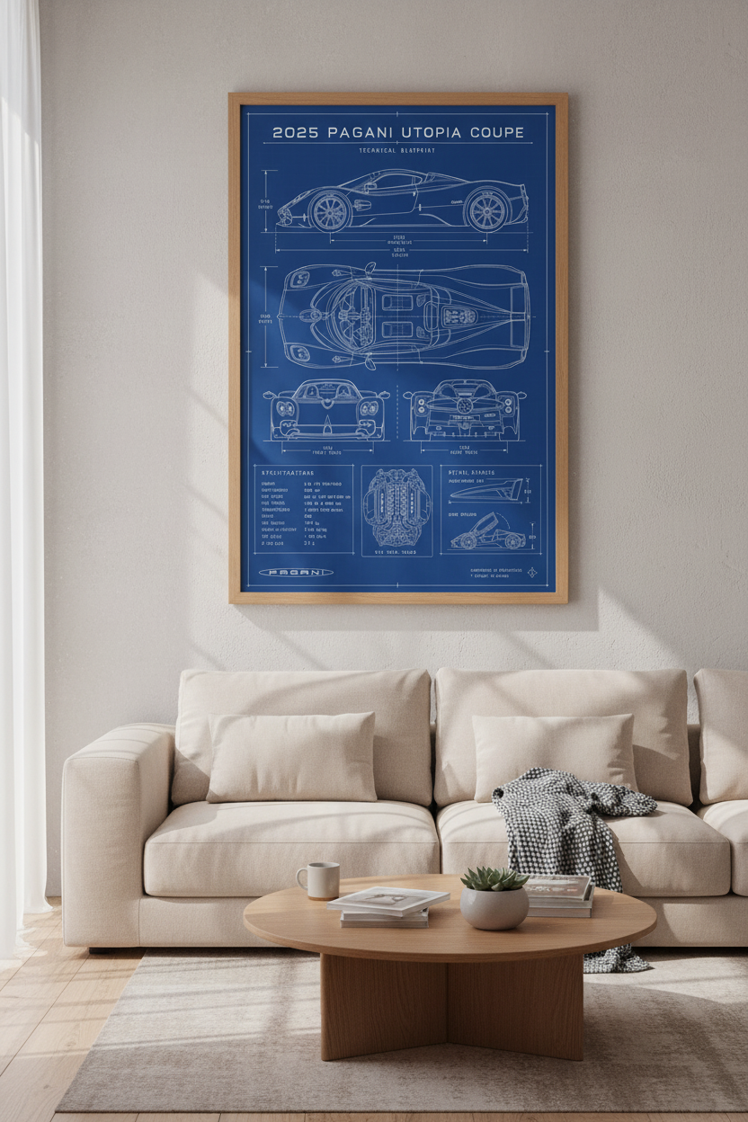 Pagani Utopia Blueprint Wall Art | Supercar Technical Poster, Office Decor