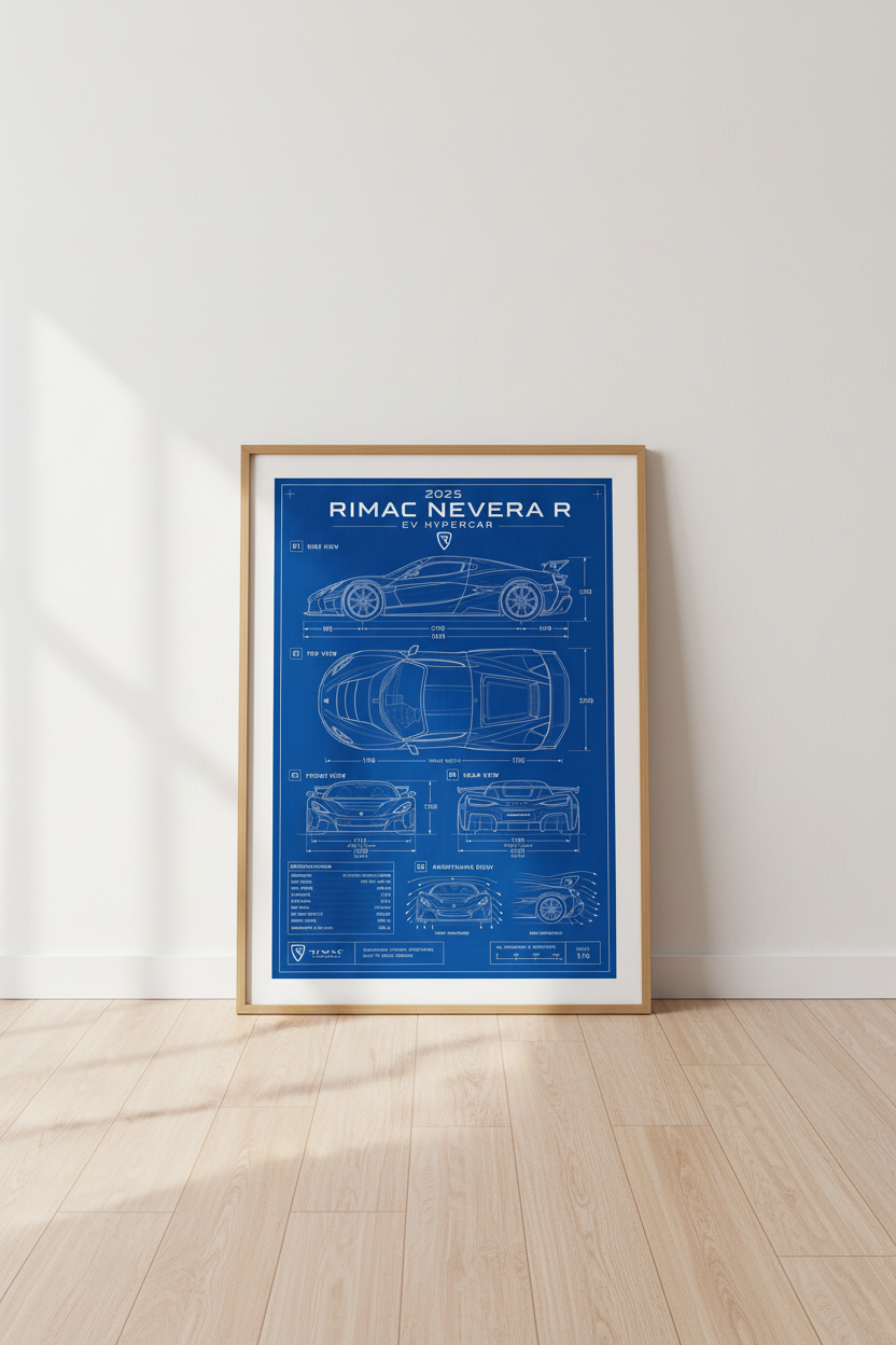 Rimac Nevera R Blueprint Art | EV Hypercar Poster, Office Garage Decor