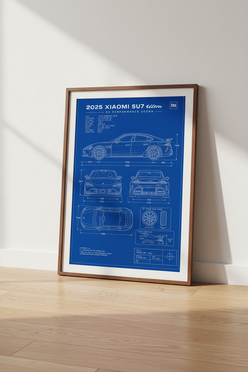 Xiaomi SU7 Ultra Blueprint Wall Art | Office Decor | EV Performance Poster