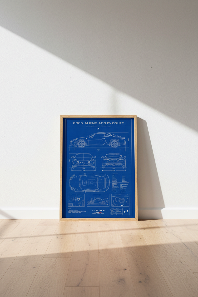 Alpine A110 EV Blueprint Wall Art | Electric Sports Car Poster | Man Cave Decor